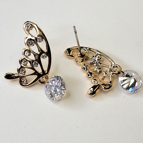 Gold Butterfly Wing Crystal Earrings Small Butterfly Filigree Wing Earrings - Picture 3 of 7